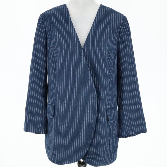 Lane Bryant Jacket Womens 14 Navy Blue White Linen Blend Stripe Blazer New FLAW - Picture 1 of 16